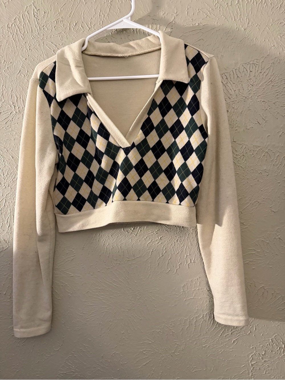 Cropped Cream Argyle Knit Top with Collared V-Neck